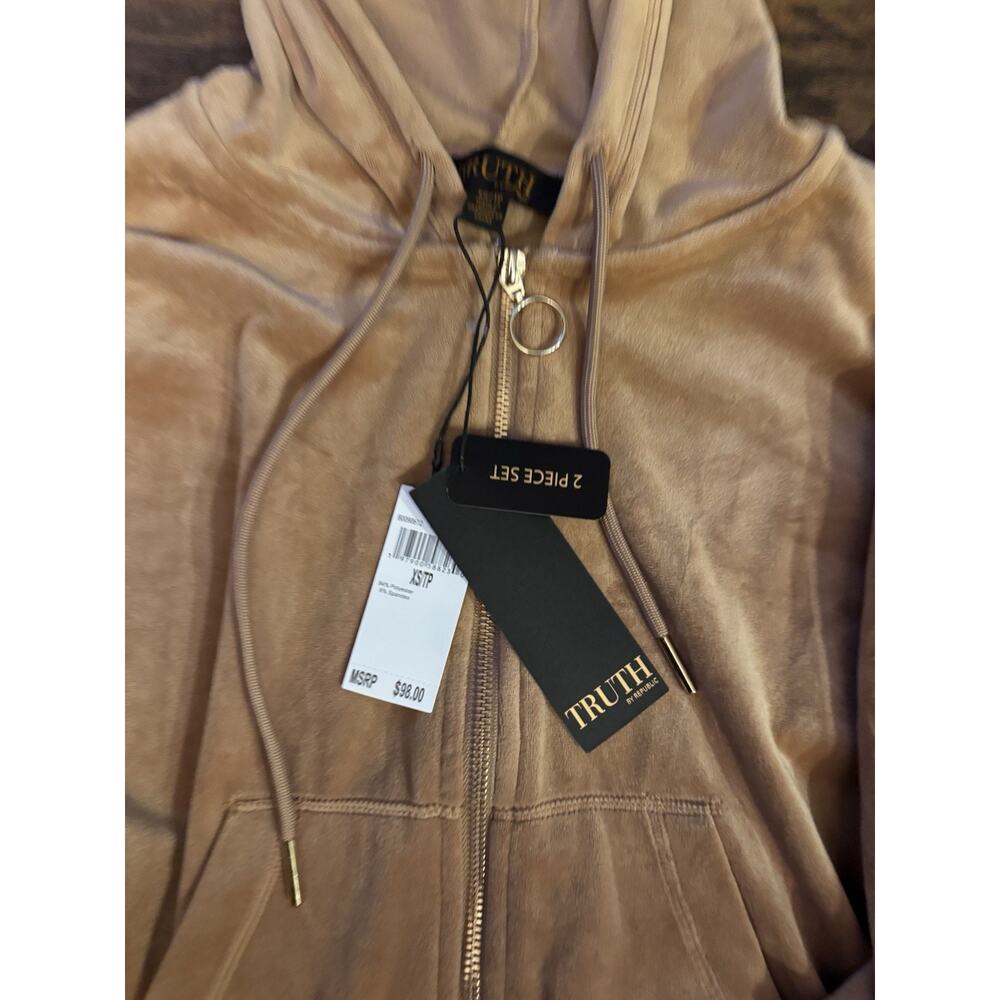 TRUTH By REPUBLIC mocha mousse Brown 2 Piece Velvet tracksuit Joggers Sz:XS - Picture 4 of 11